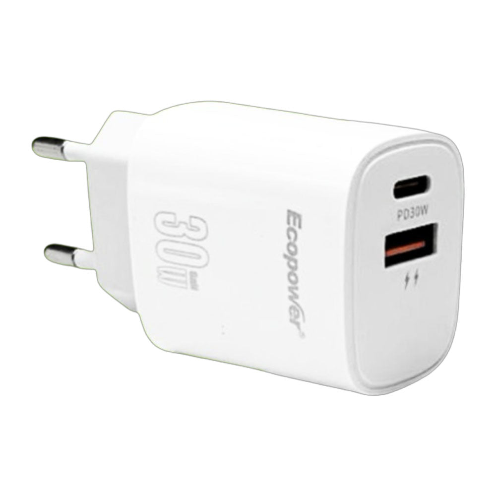 Cargador Ecopower USB-C/USB-A 30W S/cable Blanco