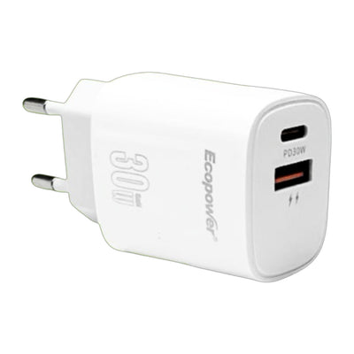 Cargador Ecopower USB-C/USB-A 30W S/cable Blanco