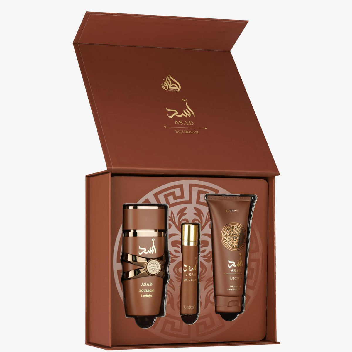 Set Perfume Lattafa Asad Bourbon Masculino 100ML + 12ML + 100ML EDP