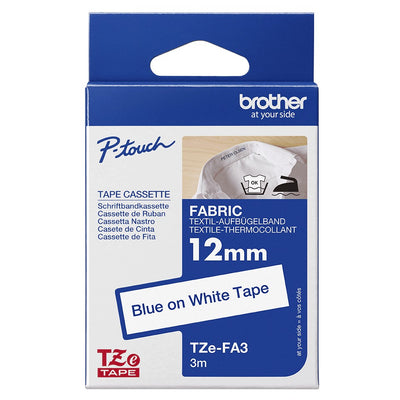 Cinta Brother TZe-FA3 de Tela 12mm Azul sobre Blanco Único