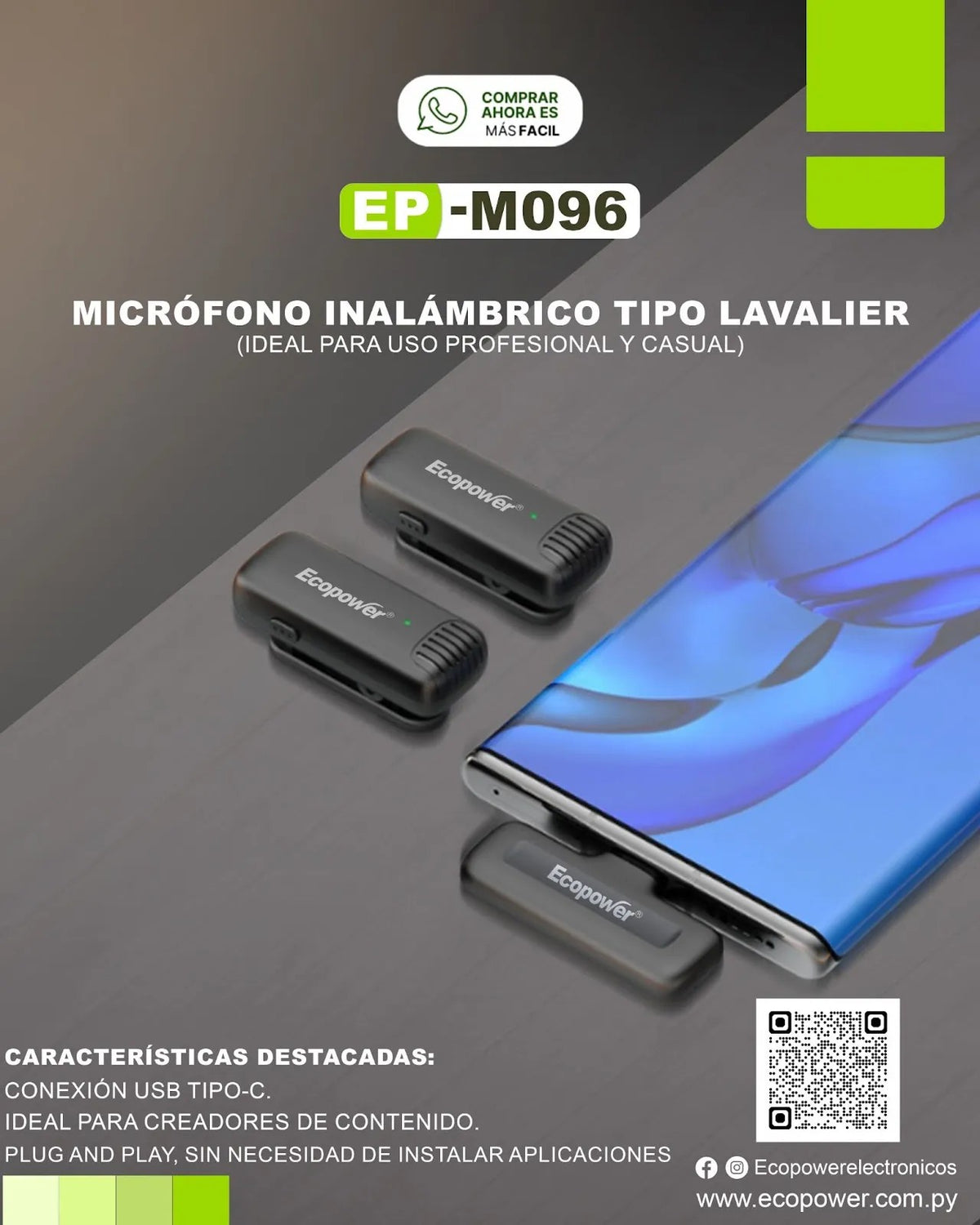 Micrófono Inalámbrico Ecopower EP-M096 USB-C Duo Lavalier Único