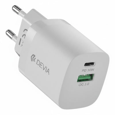 Cargador Devia 30W Fuente 2PUERTOS USB/USB-C Blanco