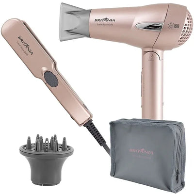 Kit Britania Travel Rose Gold Secador 1200W + Alisador Iónico Bivolt