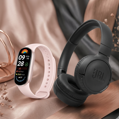 Combo 03 · Mamá Conectada — Xiaomi Smart Band 9 Rosa + JBL Tune 520BT Black