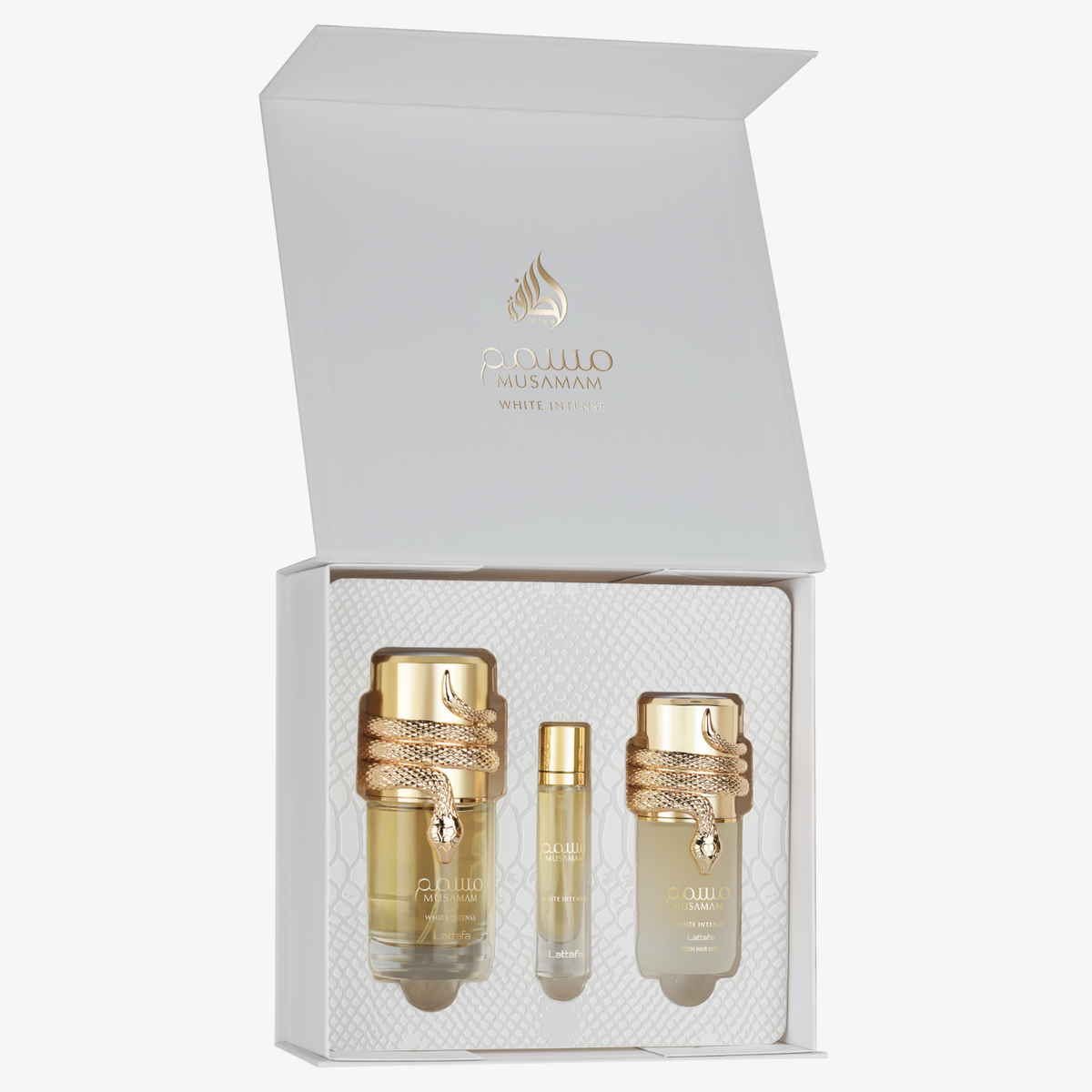 Set Perfume Lattafa Musamam White Intense Femenino 100ML + 12ML + 50ML EDP