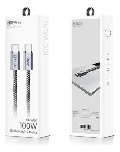 Cable Hrebos CB-467CC USB-C a USB-C 100W 2M Grey