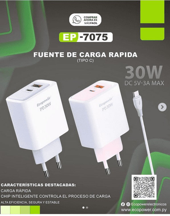 Cargador Ecopower EP-7075 USB-C/USB-A 30W Blanco