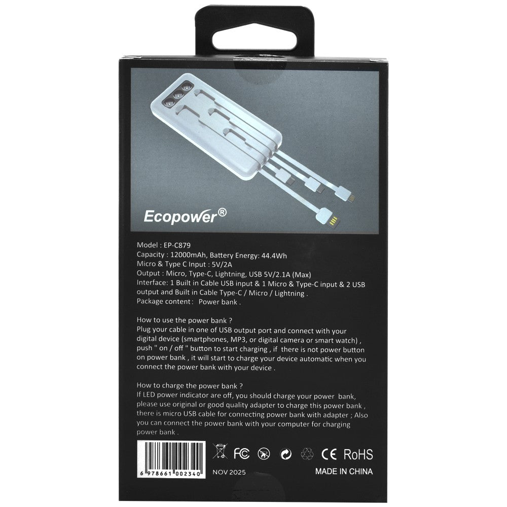 Cargador Portátil Ecopower EP-C879 12000mAh Blanco