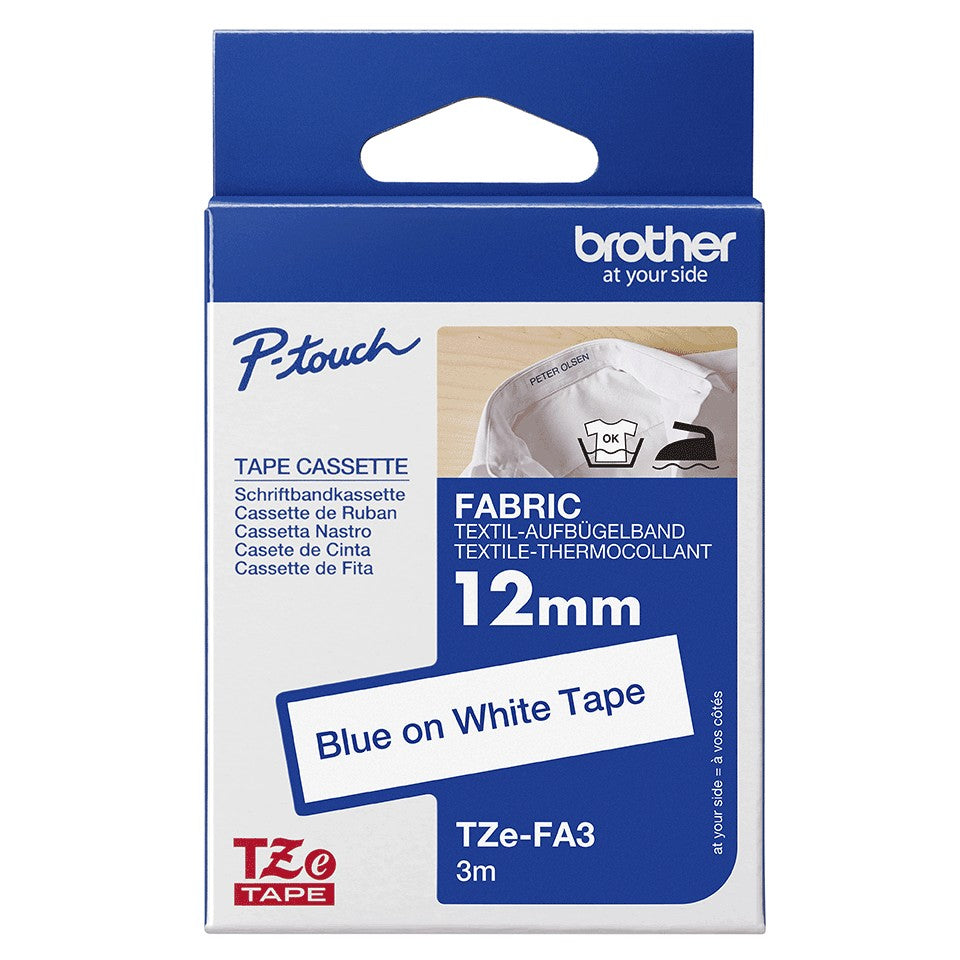 Cinta Brother TZe-FA3 de Tela 12mm Azul sobre Blanco Único
