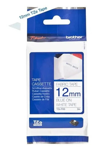 Cinta Brother TZe-FA3 de Tela 12mm Azul sobre Blanco Único