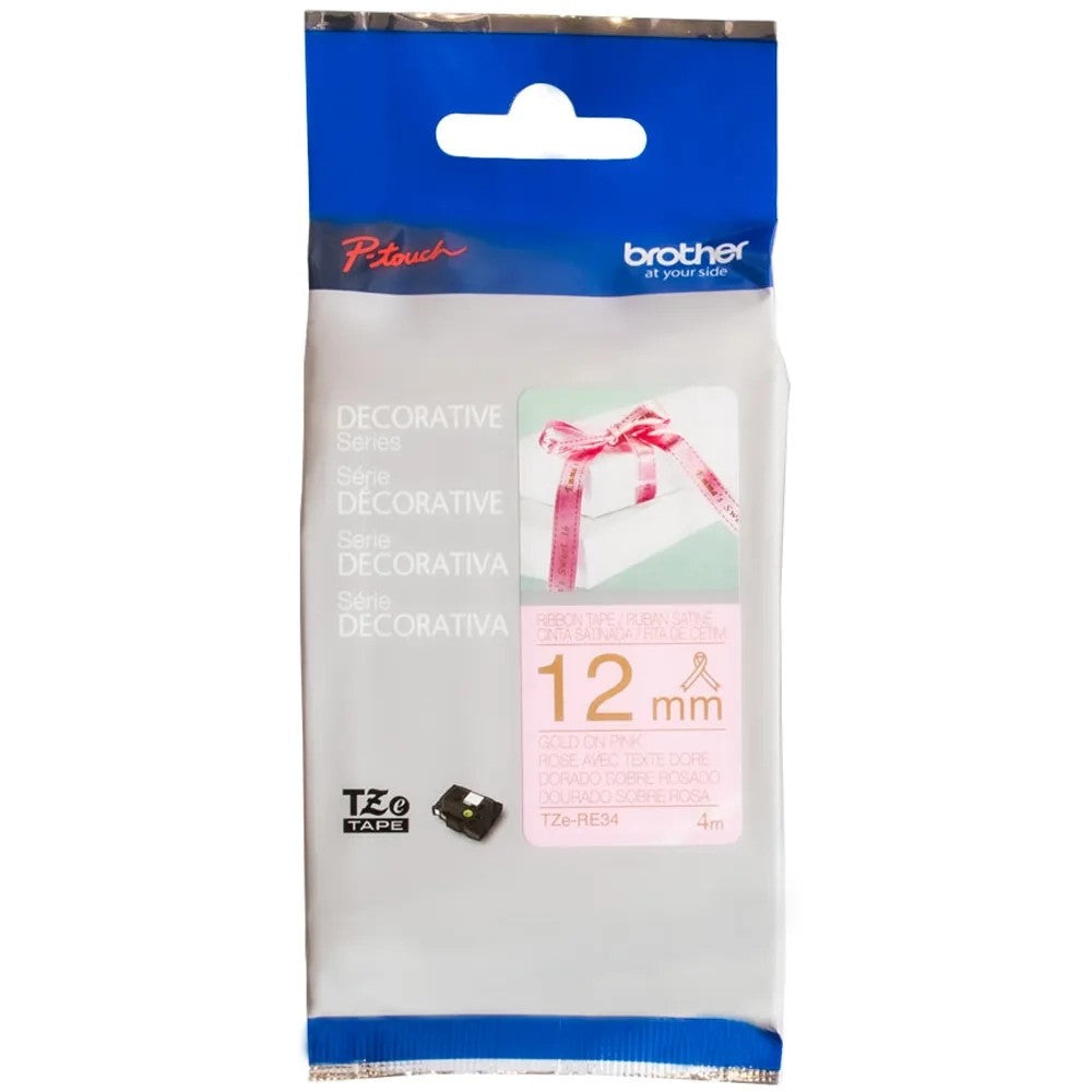 Cinta Brother TZe-RE34 12mm Dorado sobre Rosa Único