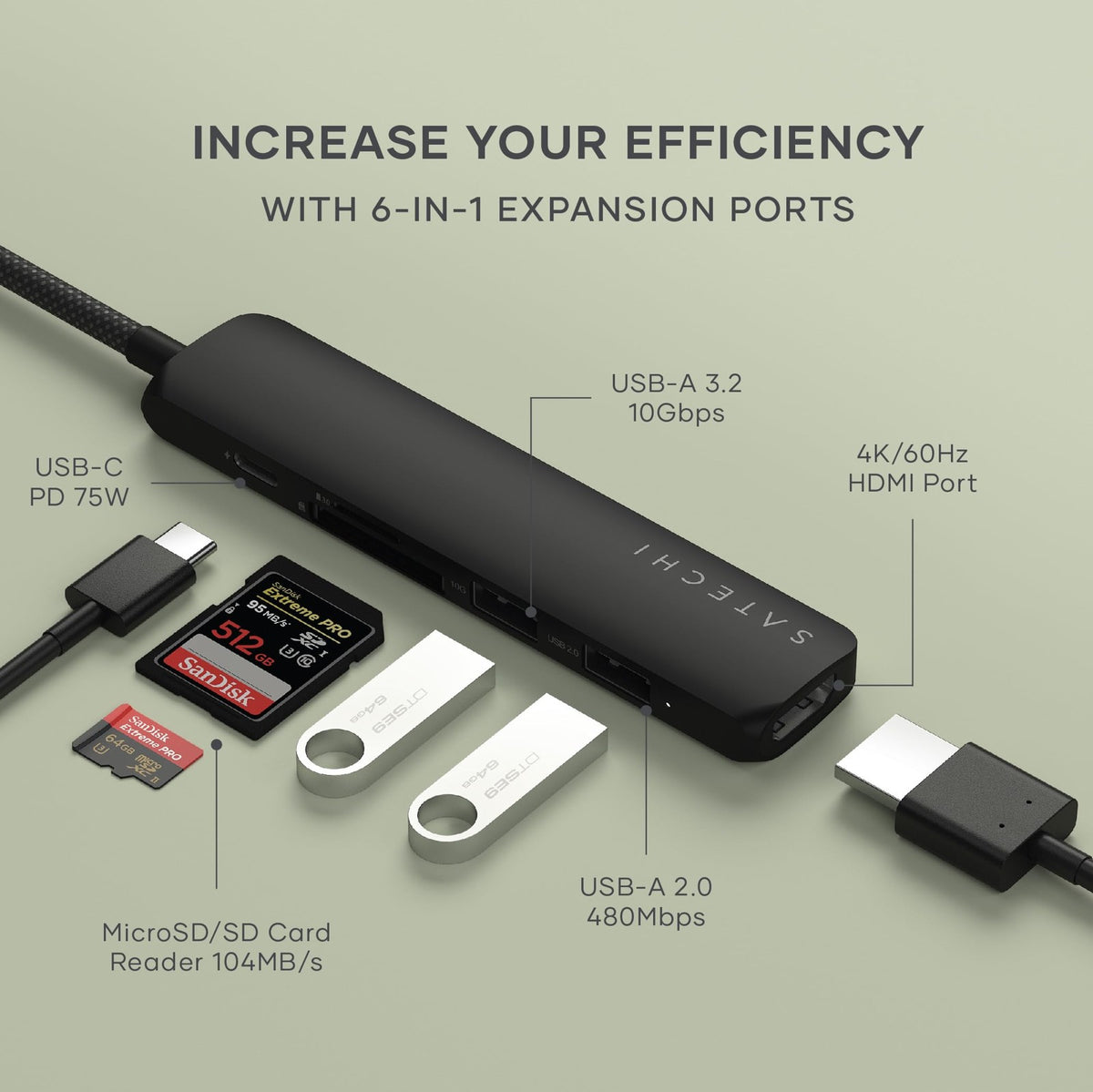 Hub USB-C Satechi 6 en 1 Slim 4K Black