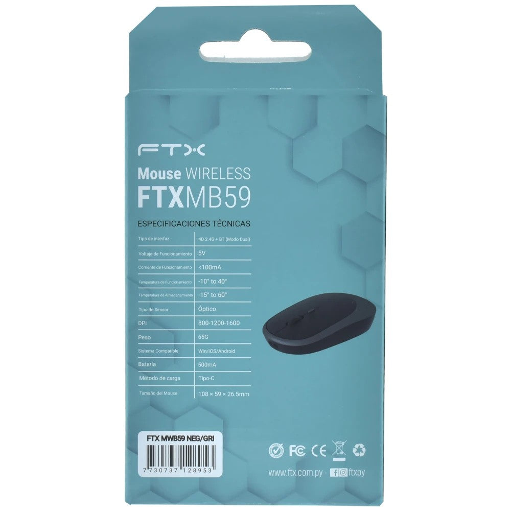 Mouse Inalámbrico FTX FTXMB59 1600 DPI Recargable Negro/Gris