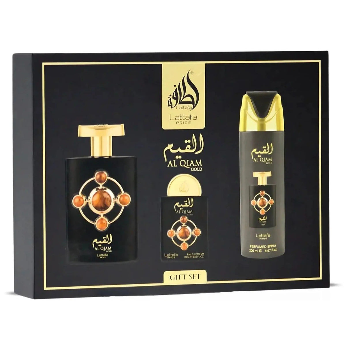 Set Perfume Lattafa Pride Al Qiam Unisex 100ML + 20ML + Body Spray 200ML EDP Único